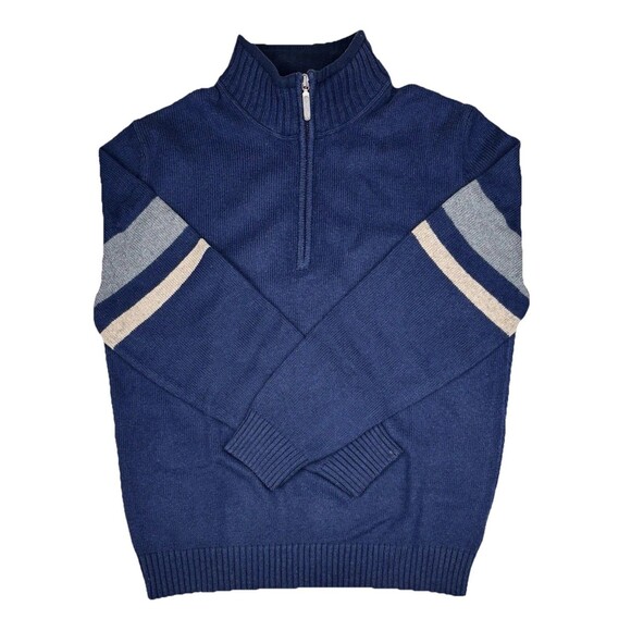 Men’s Eddie Bauer Blue Size M Lambswool Blend 1/4 Zip Blue Sweater Arm Stripes - Picture 1 of 4